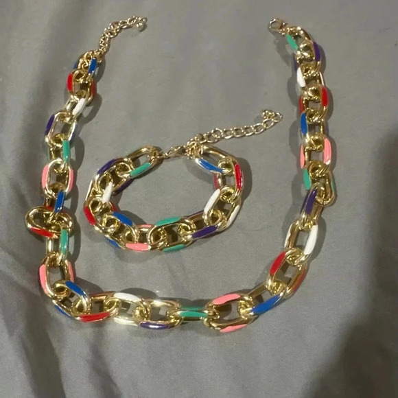 Modern Color Block Chain Jewelry Set – Gold Link Necklace and Bracelet - Picture 11 of 16